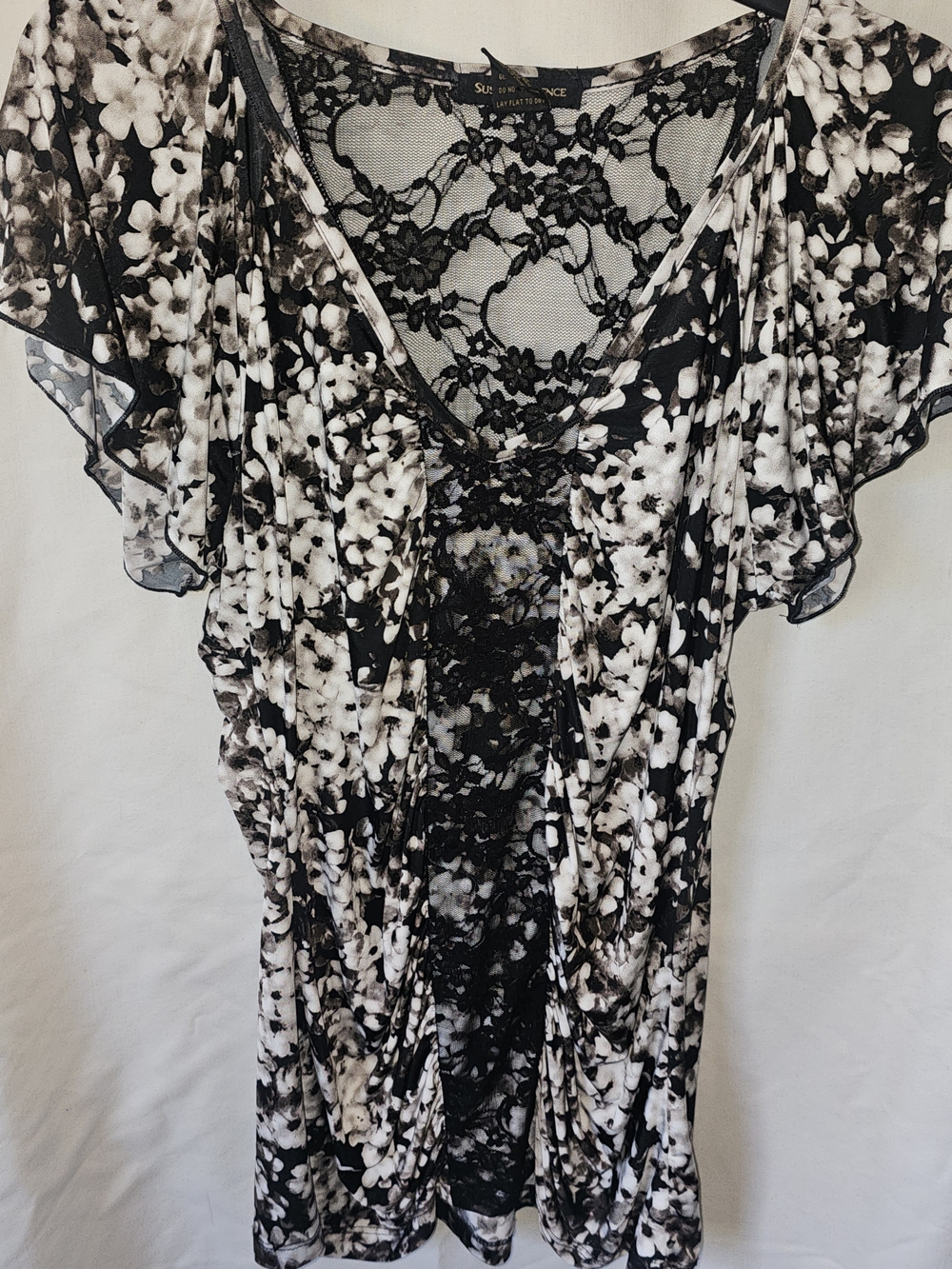 Susan Lawrence Black & White Floral Lace-Trim Blouse